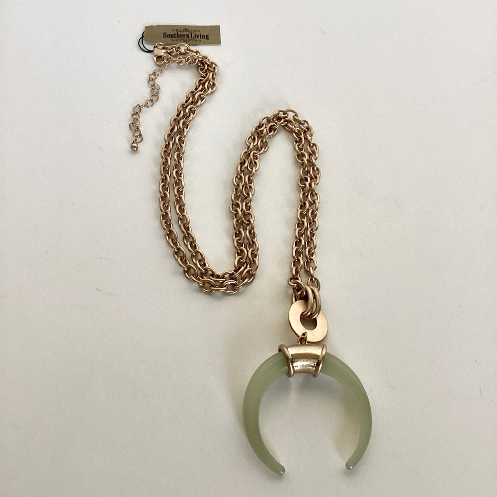 Southern Living Pendant Necklace Gold Tone Faux Jade Green Horseshoe Crescent